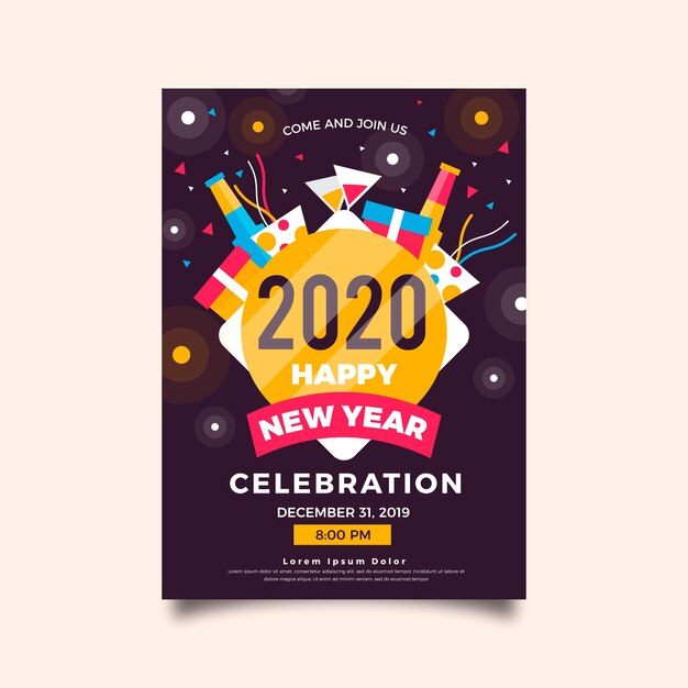 New year 2020 party poster template in flat design