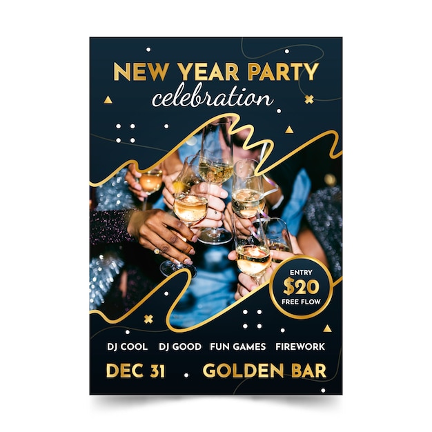 Free Vector new year 2020 party poster template with photo