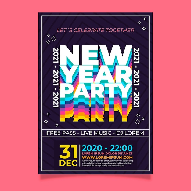 New year 2021 party flyer template in flat design