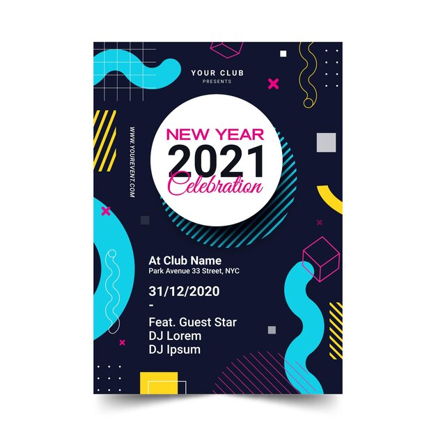 New year 2021 party flyer template in flat design