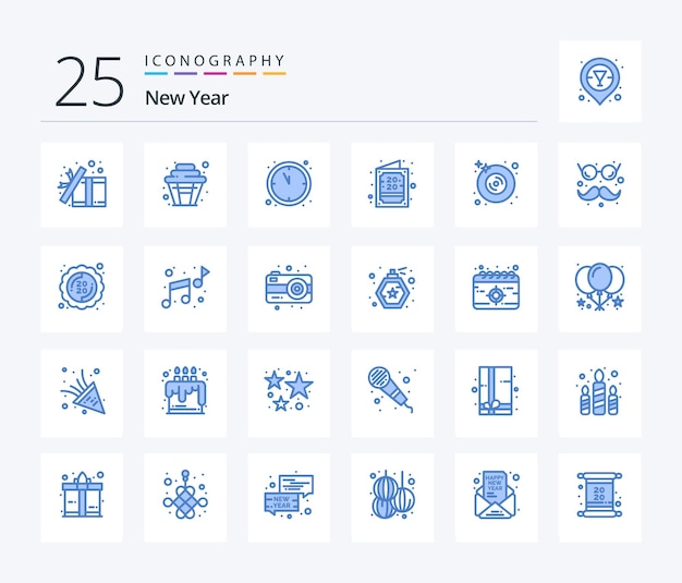 New Year 25 Blue Color icon pack including dvd new year party invite card