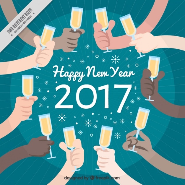 Free Vector new year background of hands with champagne glasses