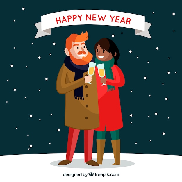 New year background with couple and snow