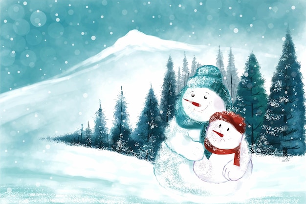 Free Vector new year and christmas tree winter landscape background with snowman card design