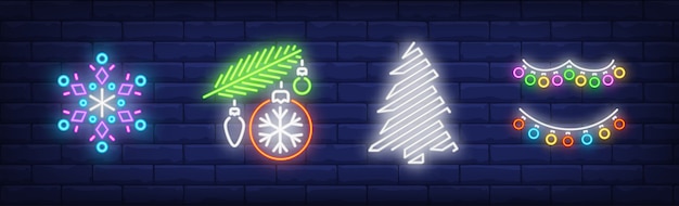 New Year decoration symbols set in neon style