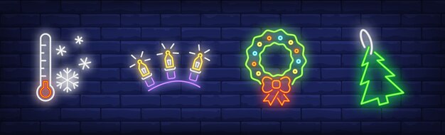 New Year decoration symbols set in neon style