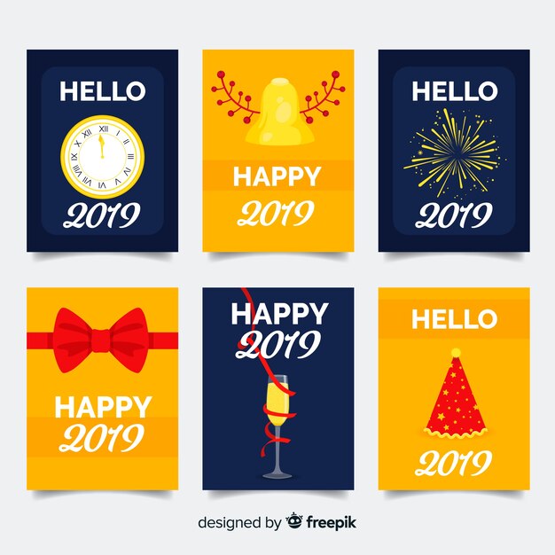 New year flat elements cards pack