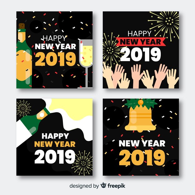 New year flat party cards pack