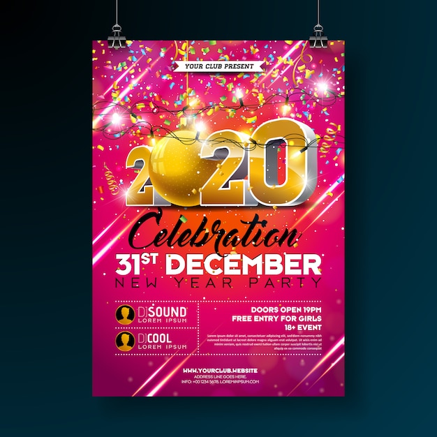 New Year Party Celebration Poster Template illustration with 3d 2020 Number and Falling Colorful Confetti on Red Background