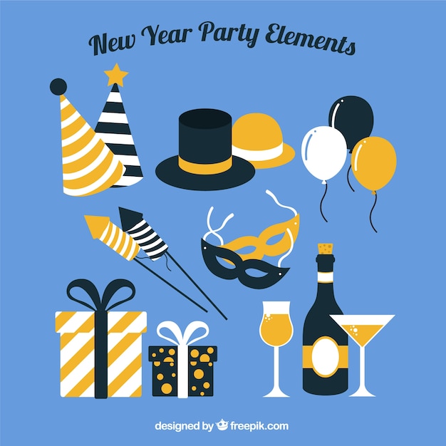 New year party element collection in blue and golden