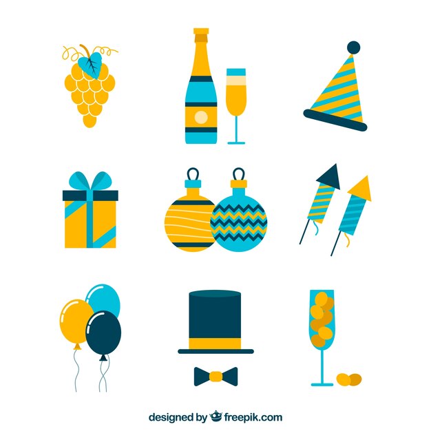 New year party element collection in yellow and blue