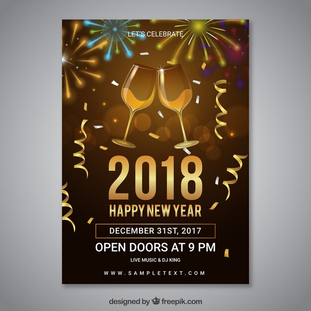 New year party poster template with champagne glasses