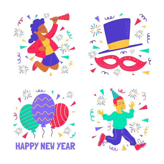 New year party stickers collection with colorful elements