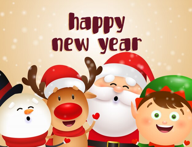 New Year postcard design with Christmas characters