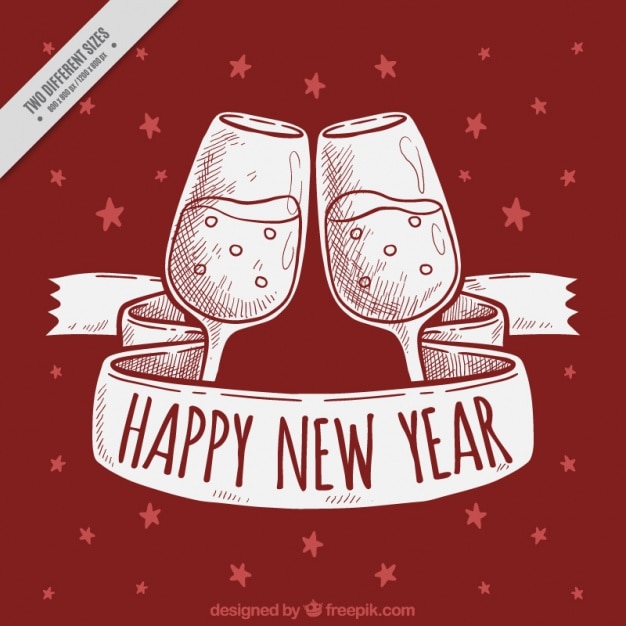 Free Vector new year red background with toast and hand drawn ribbon