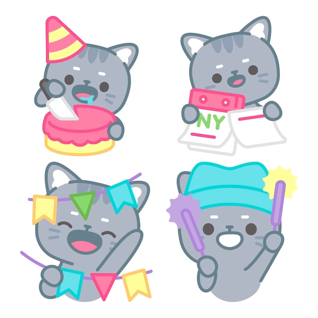 Free Vector new year stickers collection with tomomi the cat