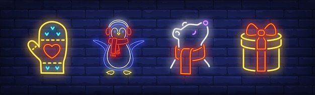 New Year symbols set in neon style