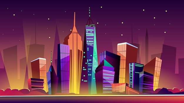 New York cityscape illustration. Cartoon New York landmarks in night, Freedom Tower 