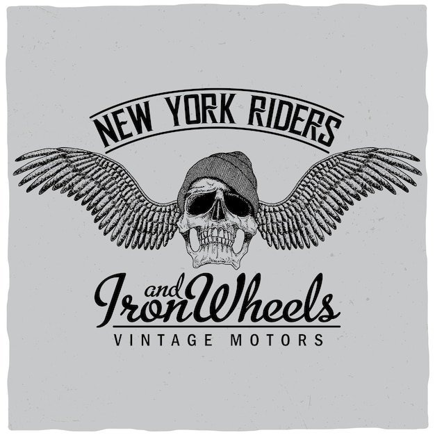 New York Riders Poster with skull in hat and wings illustration