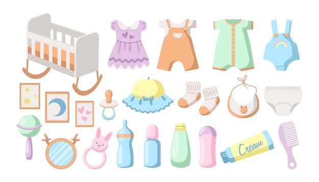 Free Vector newborn baby clothes and furniture cartoon illustration set. collection of girls dress, socks, bib, soother, comb, toys, bodysuit, crib or baby bed. childhood, maternity, greeting, birthday concept