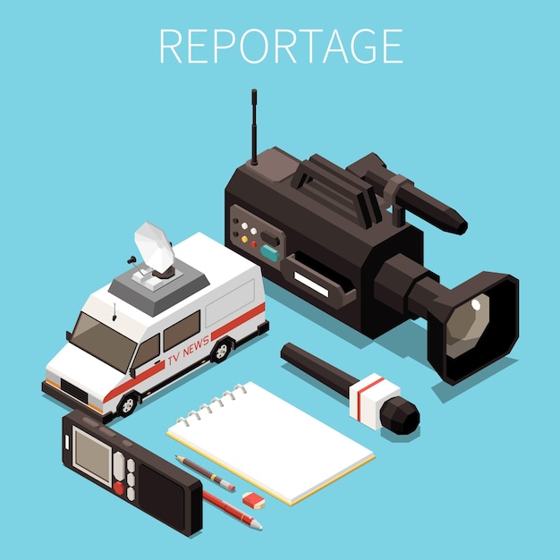 Free Vector news media isometric concept set with journalist and reporters job instruments vector illustration