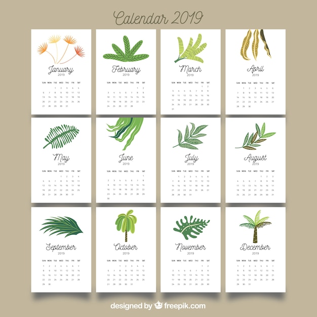 Nice 2019 calendar with colourful leaves