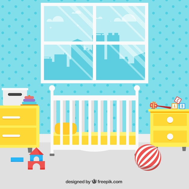 Free Vector nice baby room with yellow furniture and blue wall