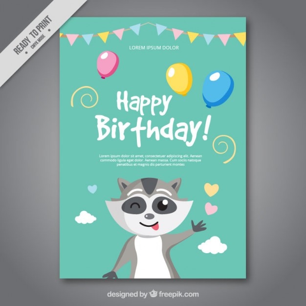 Free vector nice birthday card with a raccoon