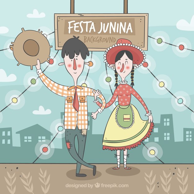 Nice cartoon couple with traditional festa junina clothes