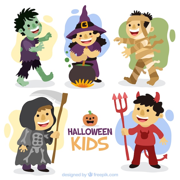 Free Vector nice children set with hand-drawn halloween costumes