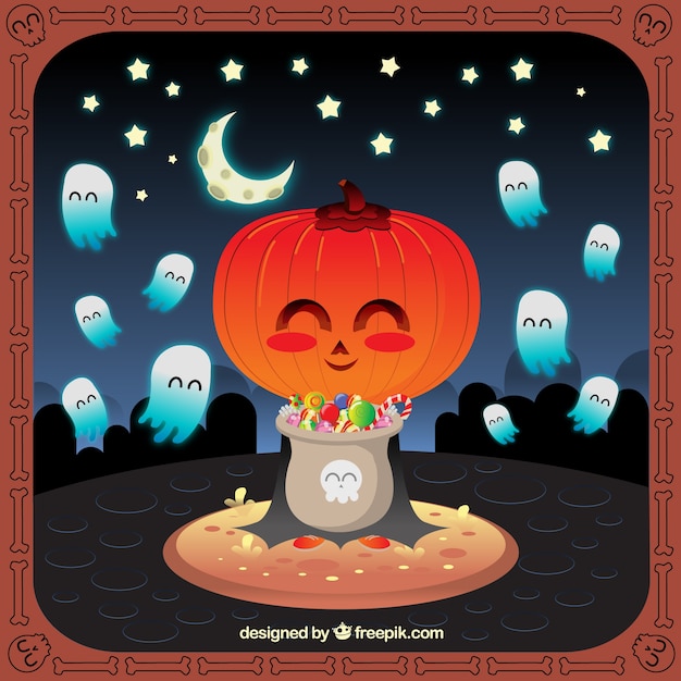 Free Vector nice halloween card with pumpkin and ghosts