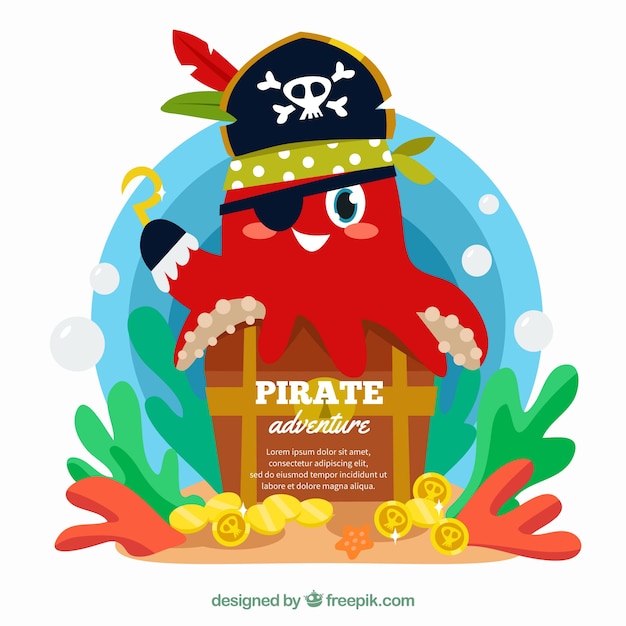 Free Vector nice octopus background with pirate hat and treasure