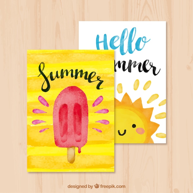 Free vector nice summer cards with ice cream and watercolor sun