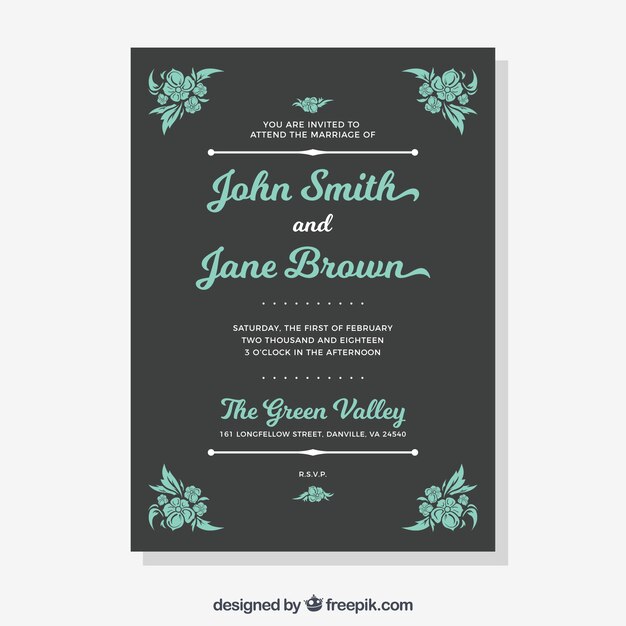 Nice wedding invitation in flat design with ornaments