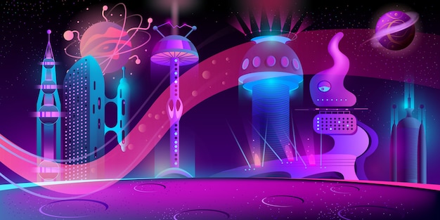 Free Vector night background with alien futuristic city