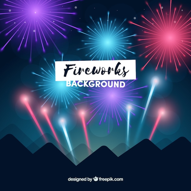 Night background with mountains and fireworks