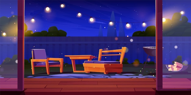 Free vector night backyard with garden furniture vector cartoon illustration of house patio with glass door wooden table and armchairs bbq grill and pile of firewood on ground garland lights starry sky