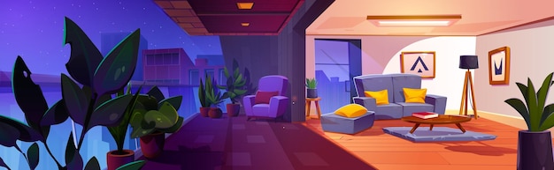 Night balcony with green home garden and armchair for relax Cartoon dark terrace with glass railings and highrise buildings around and bright cozy living room with furniture and potted plants