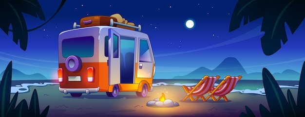 Free vector night campfire on sea tropical coast with rv car