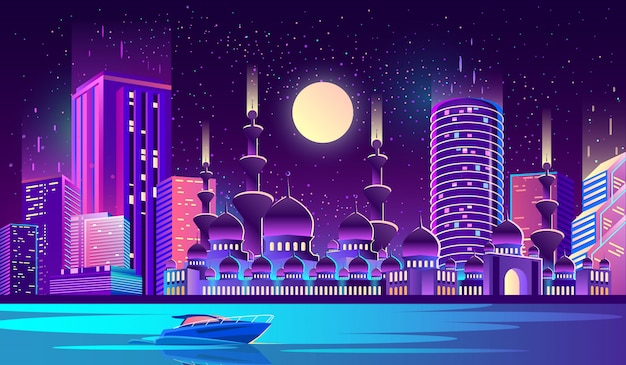 night city background with muslim mosque