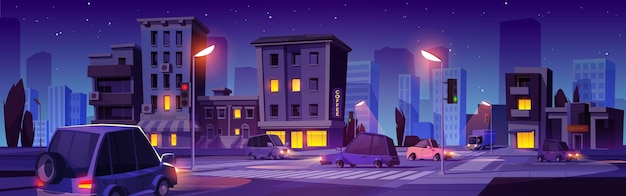 Free Vector night city crossroad scene with cars background