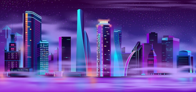 Free Vector night city in fog urban background