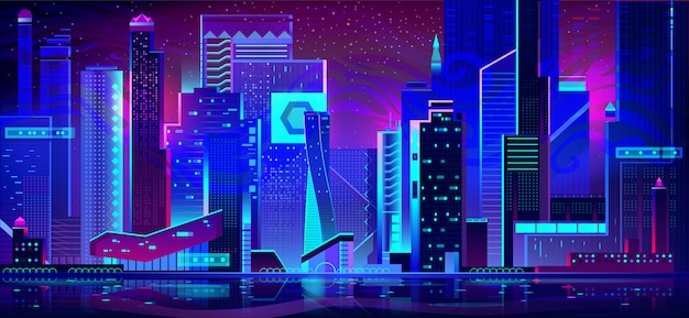 Free Vector night city in neon lights. futuristic architecture