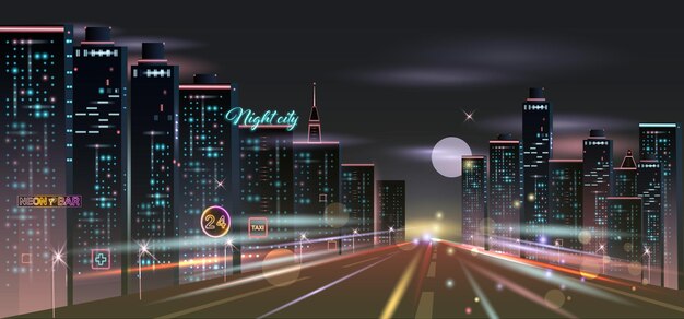 Night city realistic composition with background view of nocturnal cityscape with motorway skyscrapers and glowing lights vector illustration