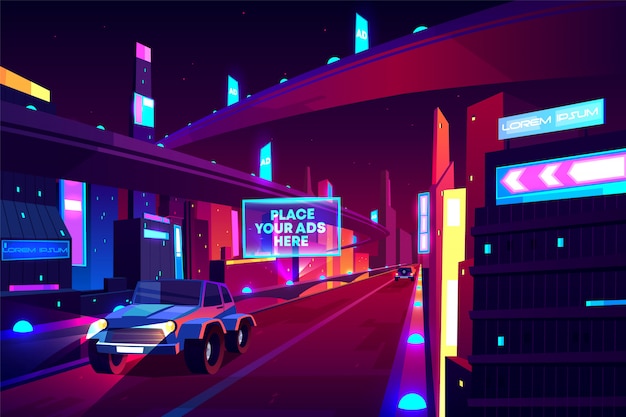 Free Vector night city road with moving cars banner, speed two-lane highway, overpass or bridge in metropolis.