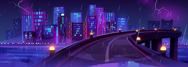 Free Vector night city skyline view from bridge urban road