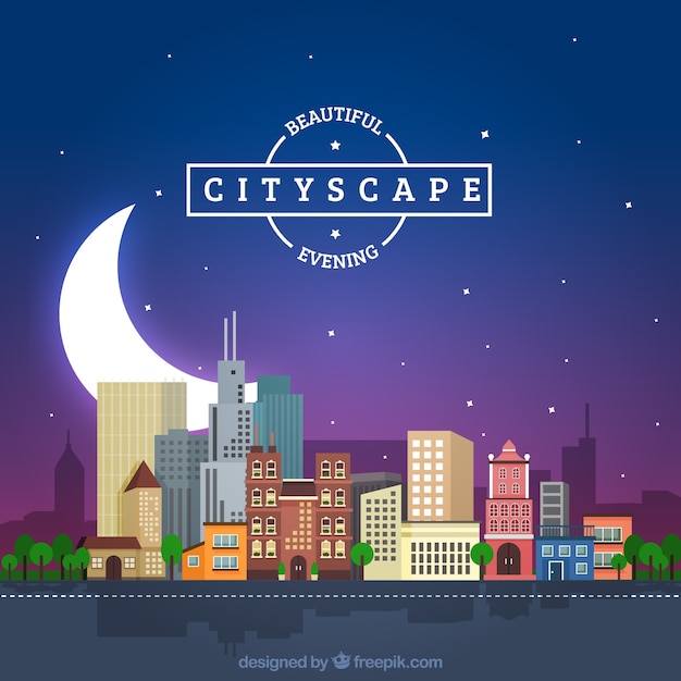 Night cityscape background with a big moon