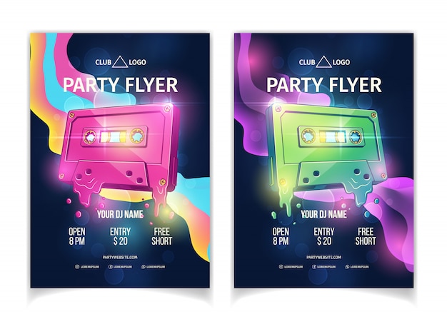 Night club DJ party poster or flyer template, retro music event or concert cartoon vector advertising