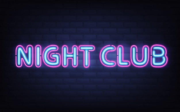 Night club neon lettering on dark brick wall. Blue pink shining highly detailed realistic glowing signboard