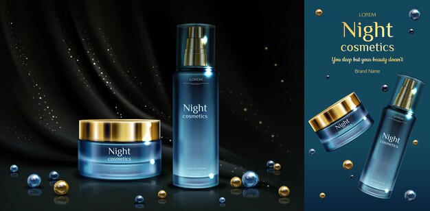 Night cosmetics beauty cream and serum bottles on black draped fabric with golden sparkles and pearls.